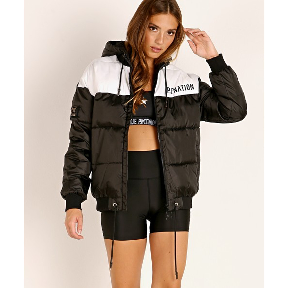 PE Nation Black & White Lead Right Logo Print 004 Zip Lined Puffer Jacket XS